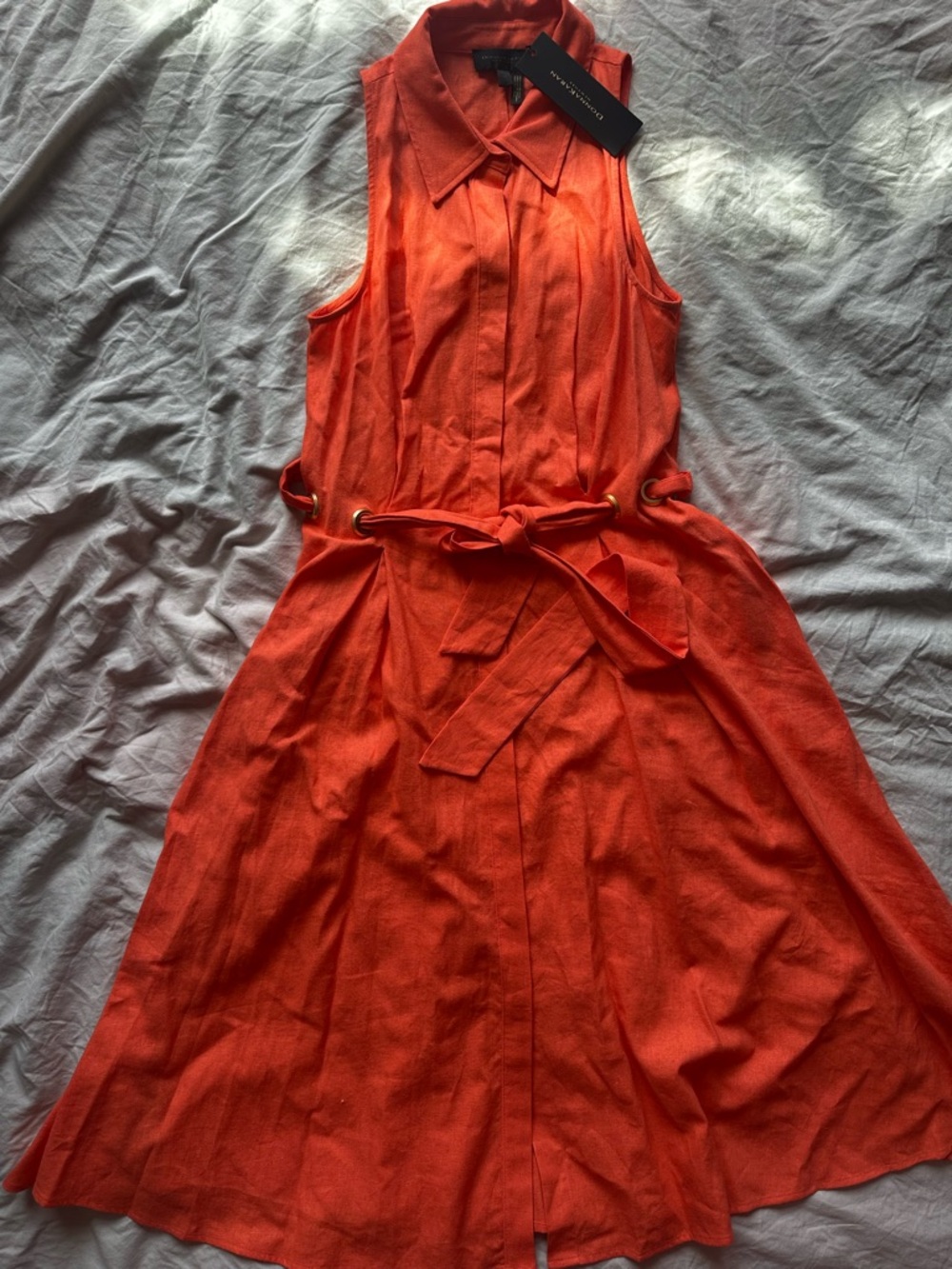 Donna Karan New York Orange Linen Belted Shirt Dress Midi Size 12 - Picture 5 of 15